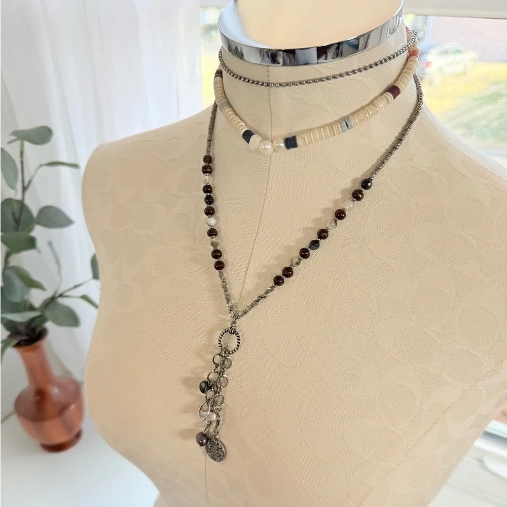 New Free People Layered Silver and Pearl Charm Necklace